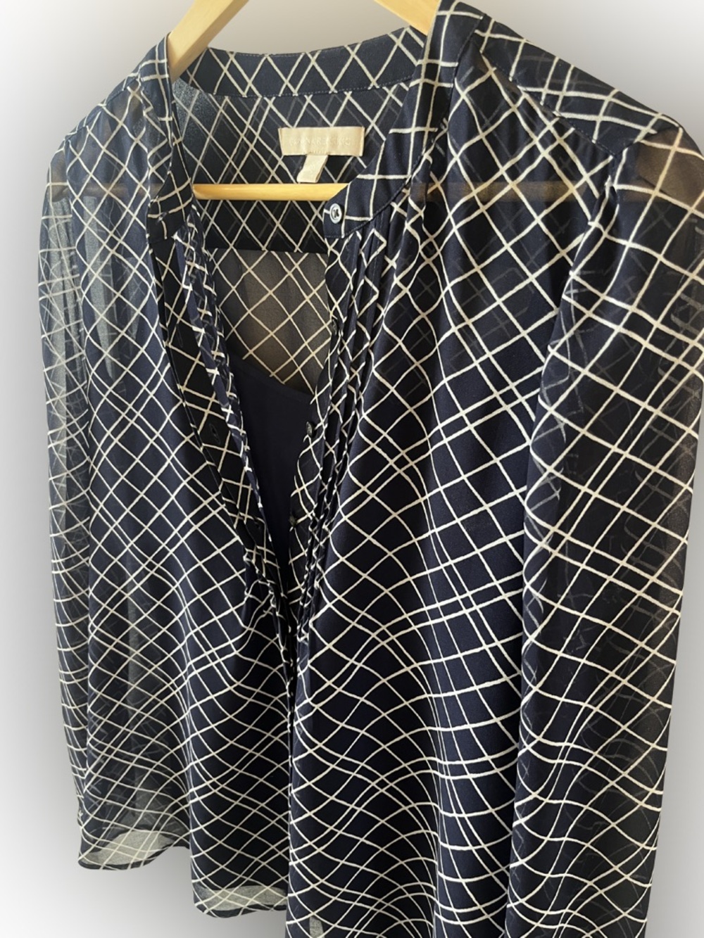 Banana Republic Sheer Navy Grid Print Blouse with Solid Navy Shell | Size Small - Picture 2 of 11